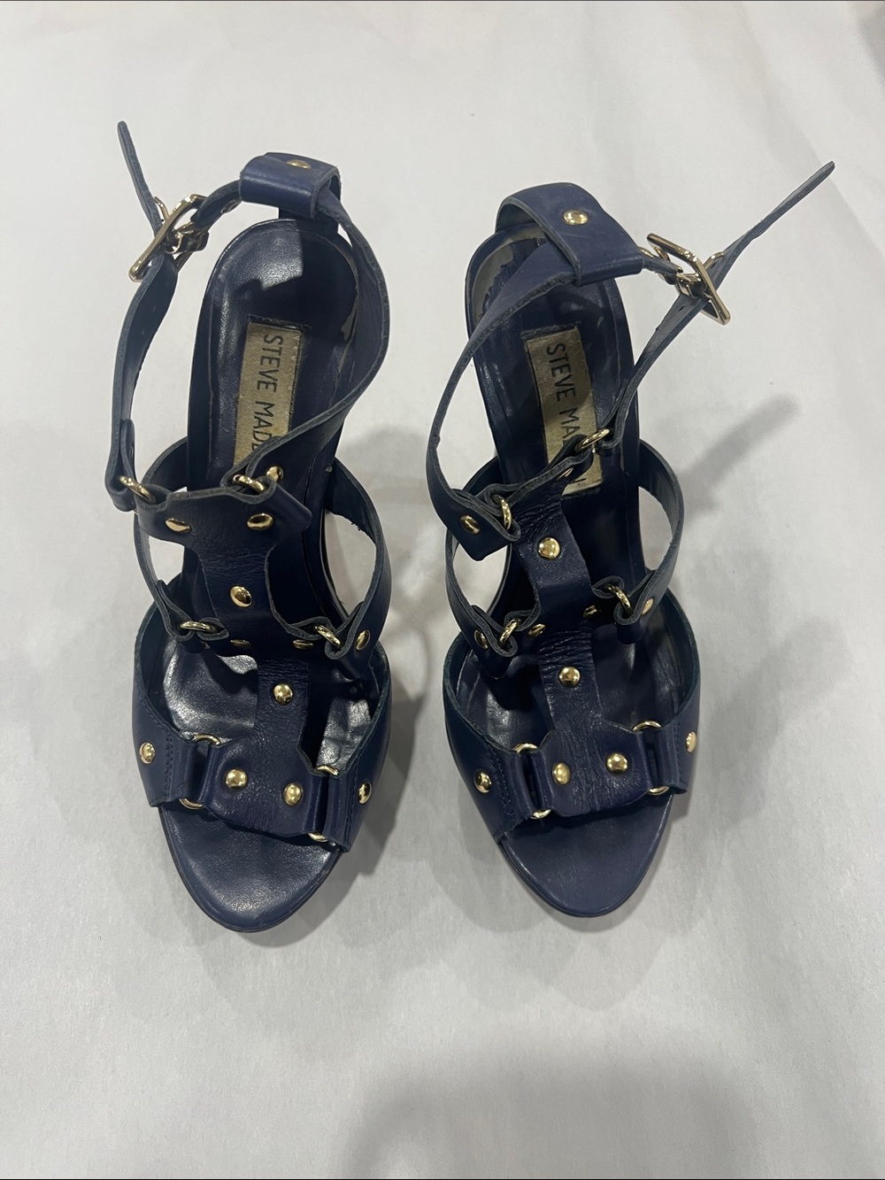 Steve Madden Navy Leather Studded Strappy Heels with Gold Accents